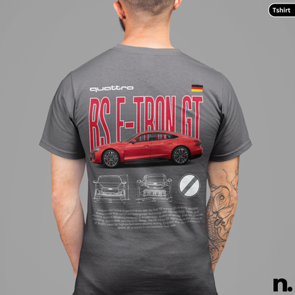 Person wearing a gray t-shirt with a red car design and 'quattro RS E-TRON GT' text on the back.