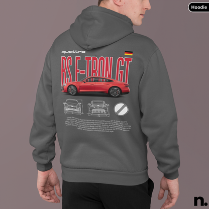 Person wearing a gray hoodie with a red car design on the back against a gray background