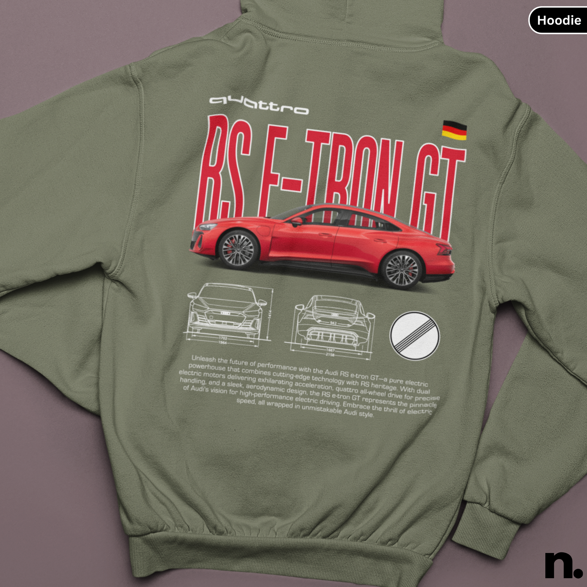 Green hoodie with red Audi RS e-tron GT design on a purple background Audi RS E-tron GT Poster Style - Nerdotopia