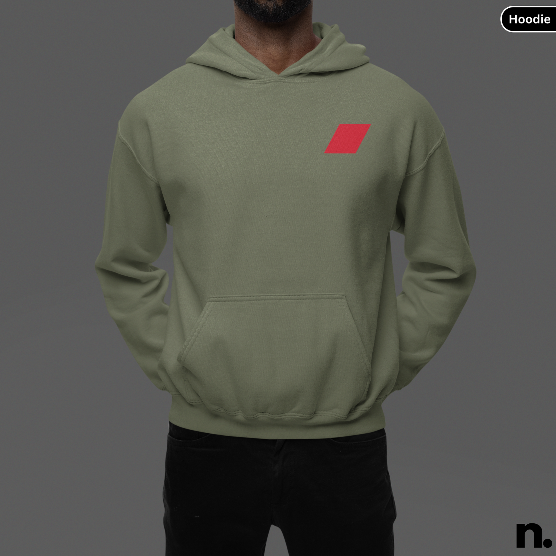 Green hoodie with a red logo on a gray background