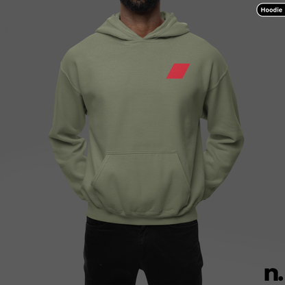 Green hoodie with a red logo on a gray background