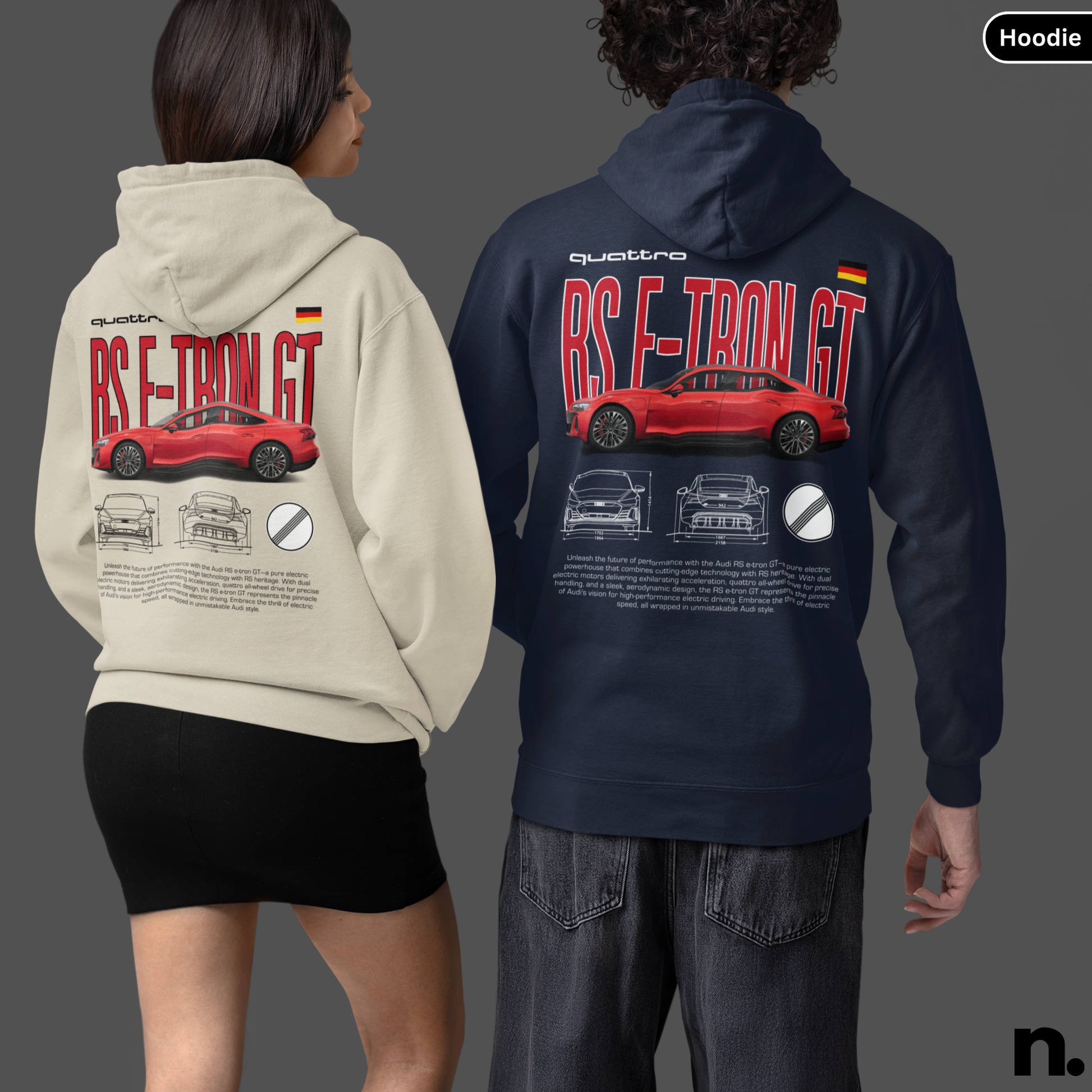 Two hoodies, one beige and one navy, with car design on the back worn by a person. Audi RS E-tron GT Poster Style - Nerdotopia