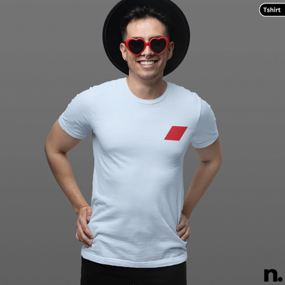 Man wearing a white t-shirt with a red square design and heart-shaped sunglasses on a gray background