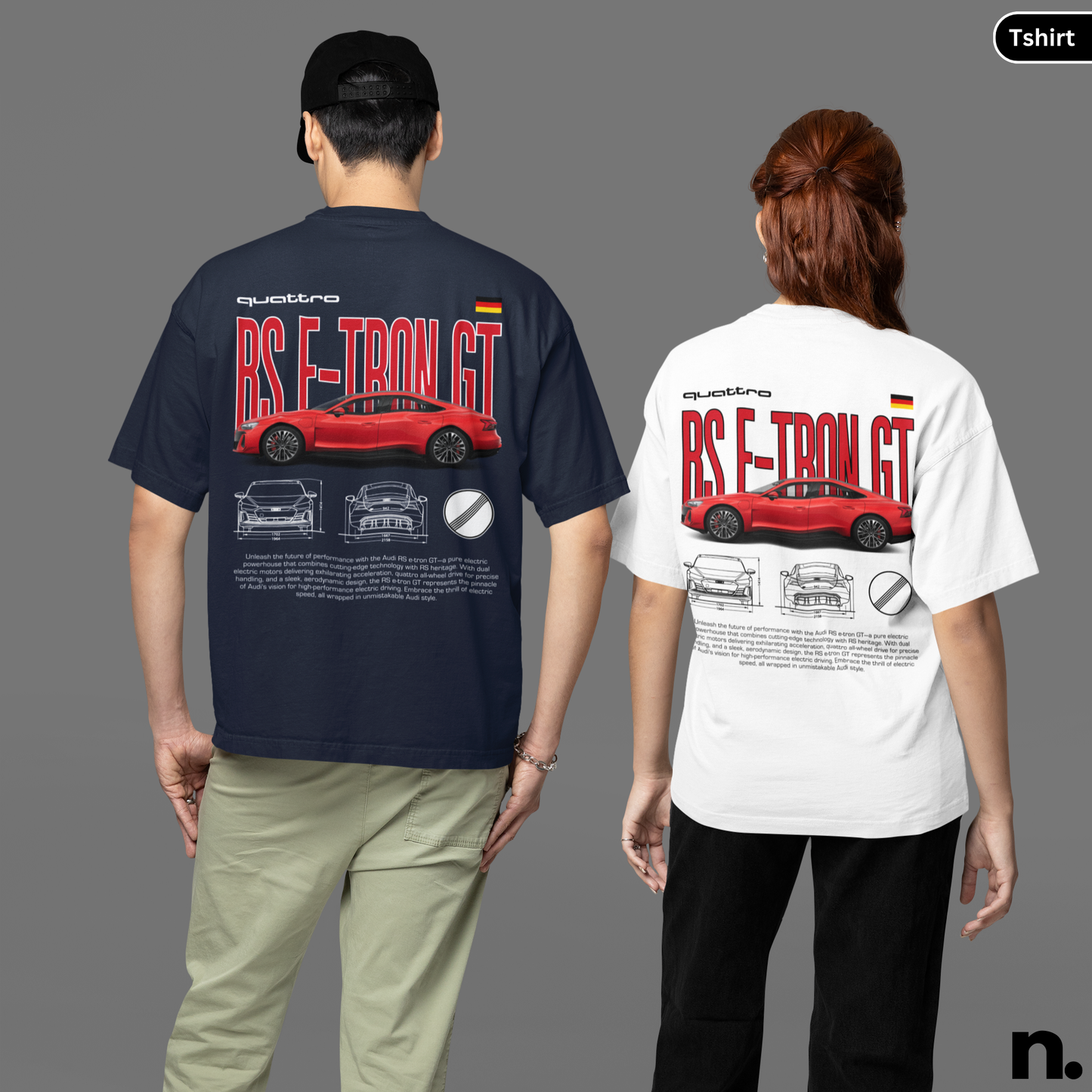 Two people wearing t-shirts with a red car design and technical drawings on the back.