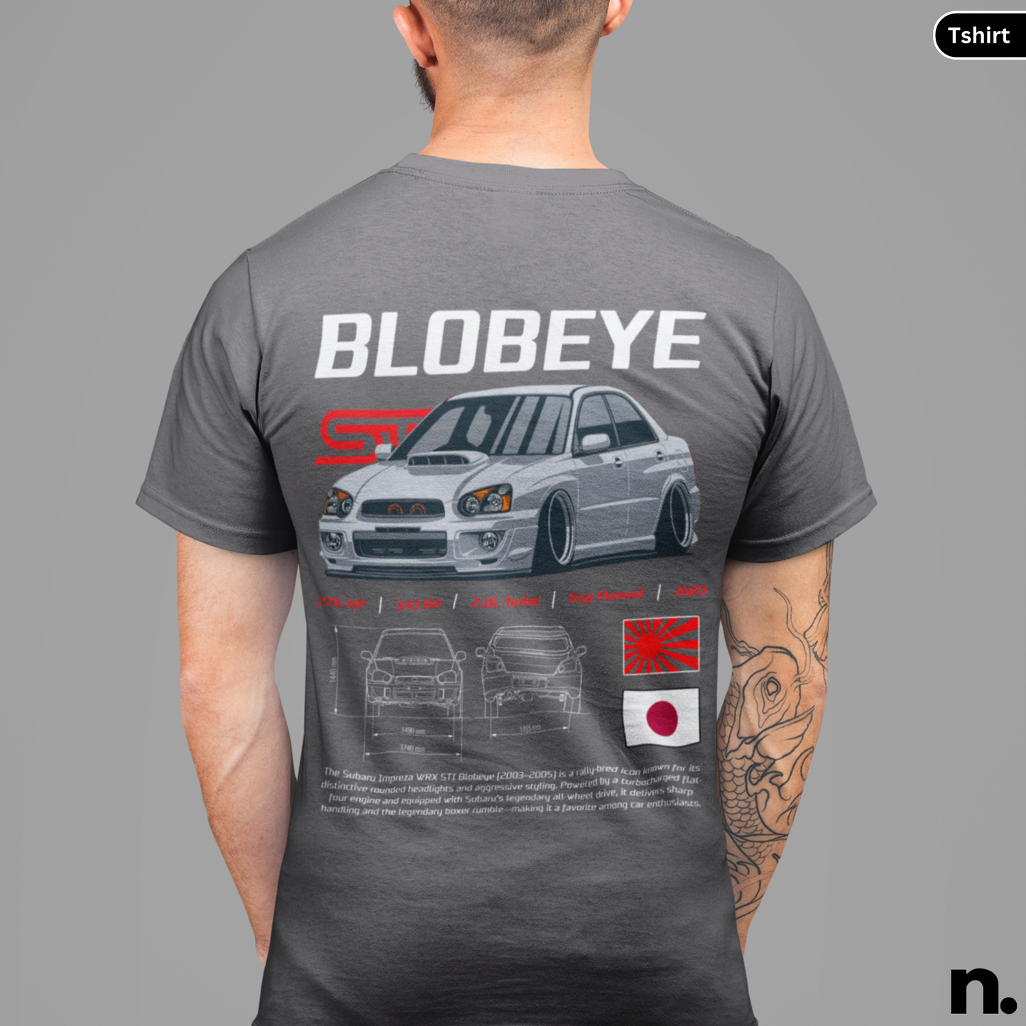 Gray t-shirt with 'Blobeye' design on the back, featuring a car illustration and text.