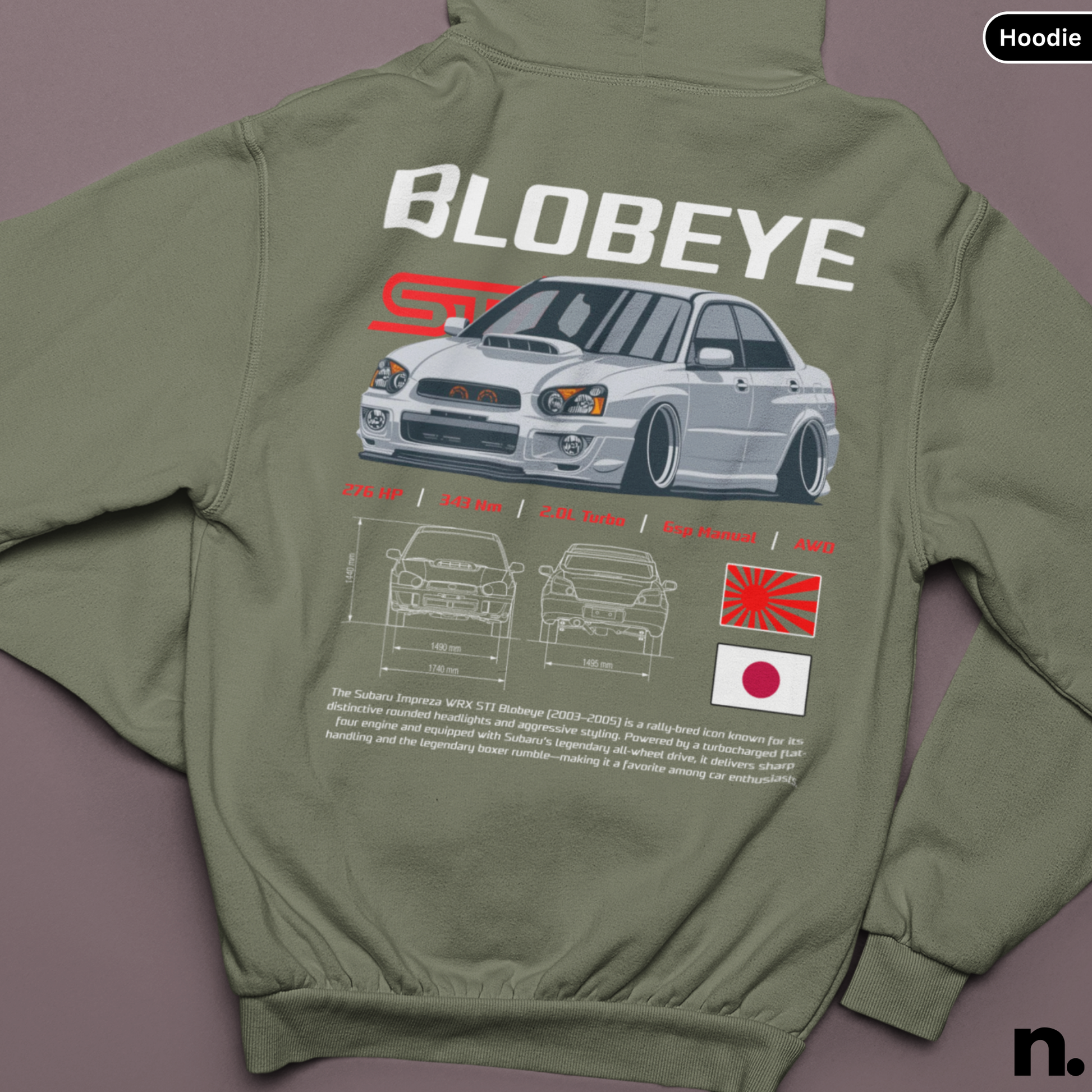 Green hoodie with 'Blobeye' car design on the back against a purple background