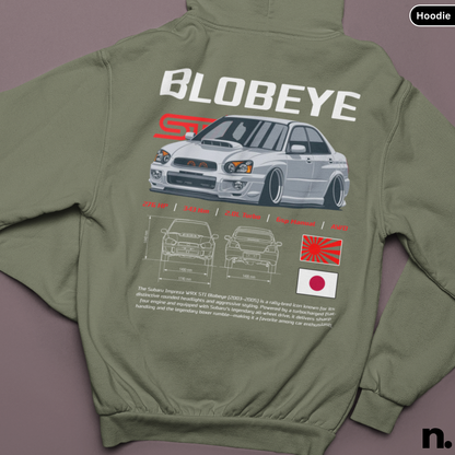 Green hoodie with 'Blobeye' car design on the back against a purple background