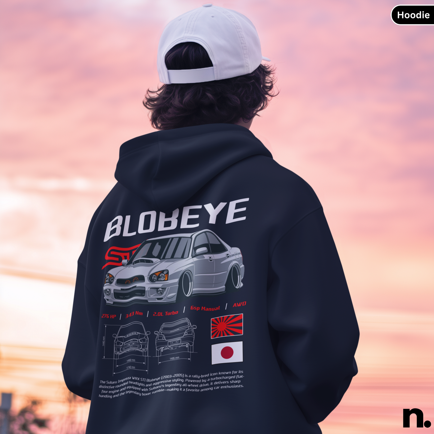 Person wearing a hoodie with 'BLOBEYE' design and sunset in the background