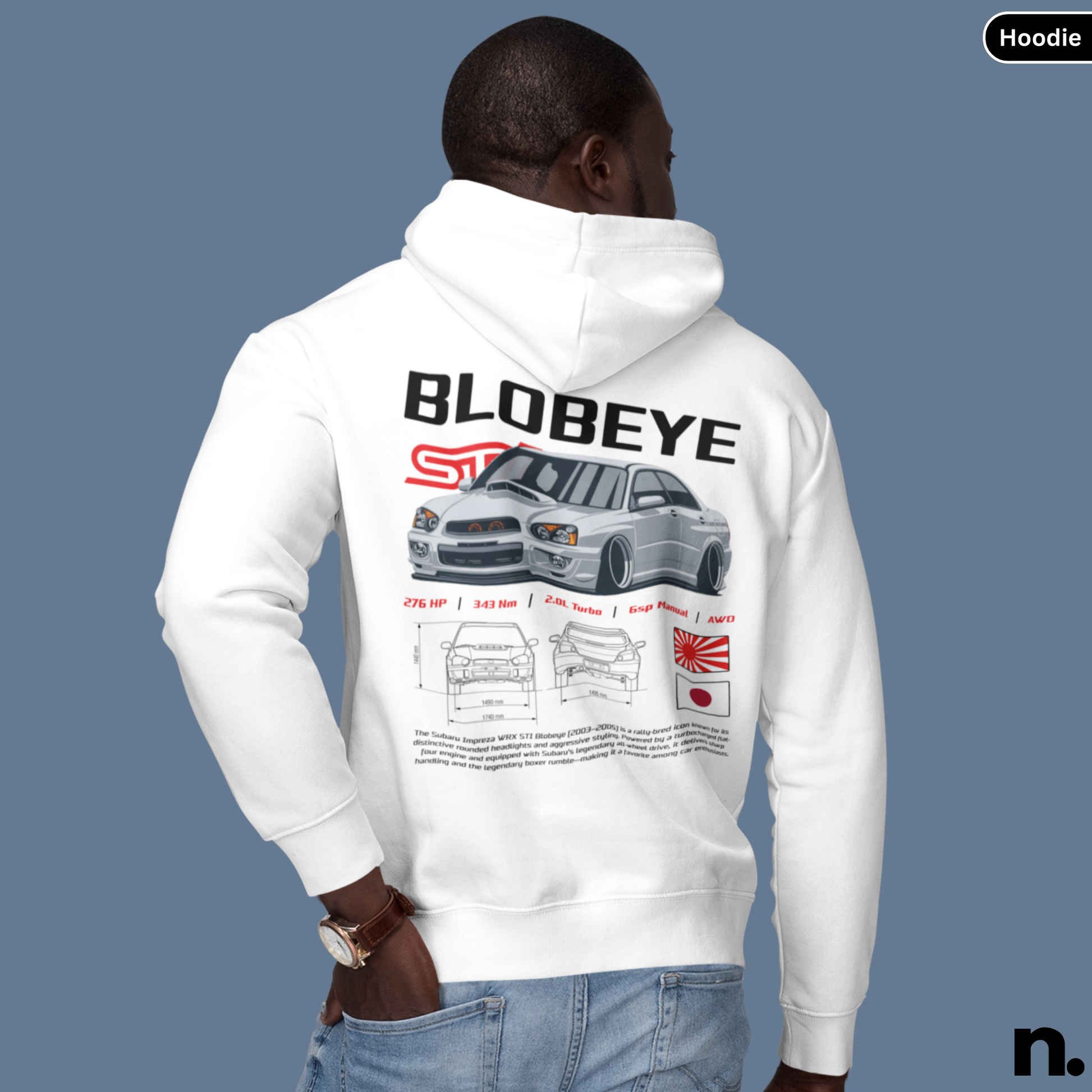 Person wearing a white hoodie with 'BLOBEYE' design on the back, featuring a car illustration and text.