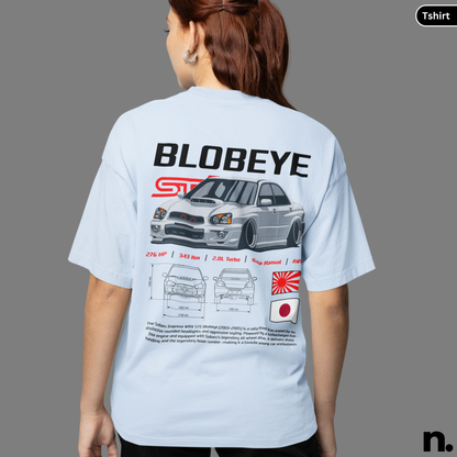 Person wearing a light blue t-shirt with 'BLOBEYE' design on the back