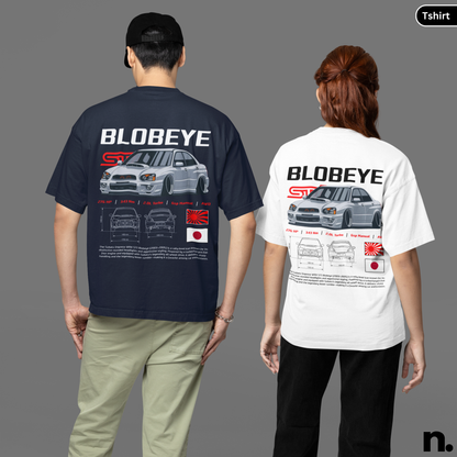 Two people wearing t-shirts with 'Blobeye' car design on a gray background