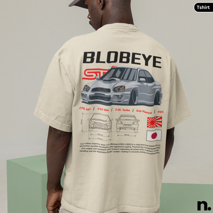 Person wearing a beige t-shirt with 'BLOBEYE' design on the back, featuring a car illustration and text.