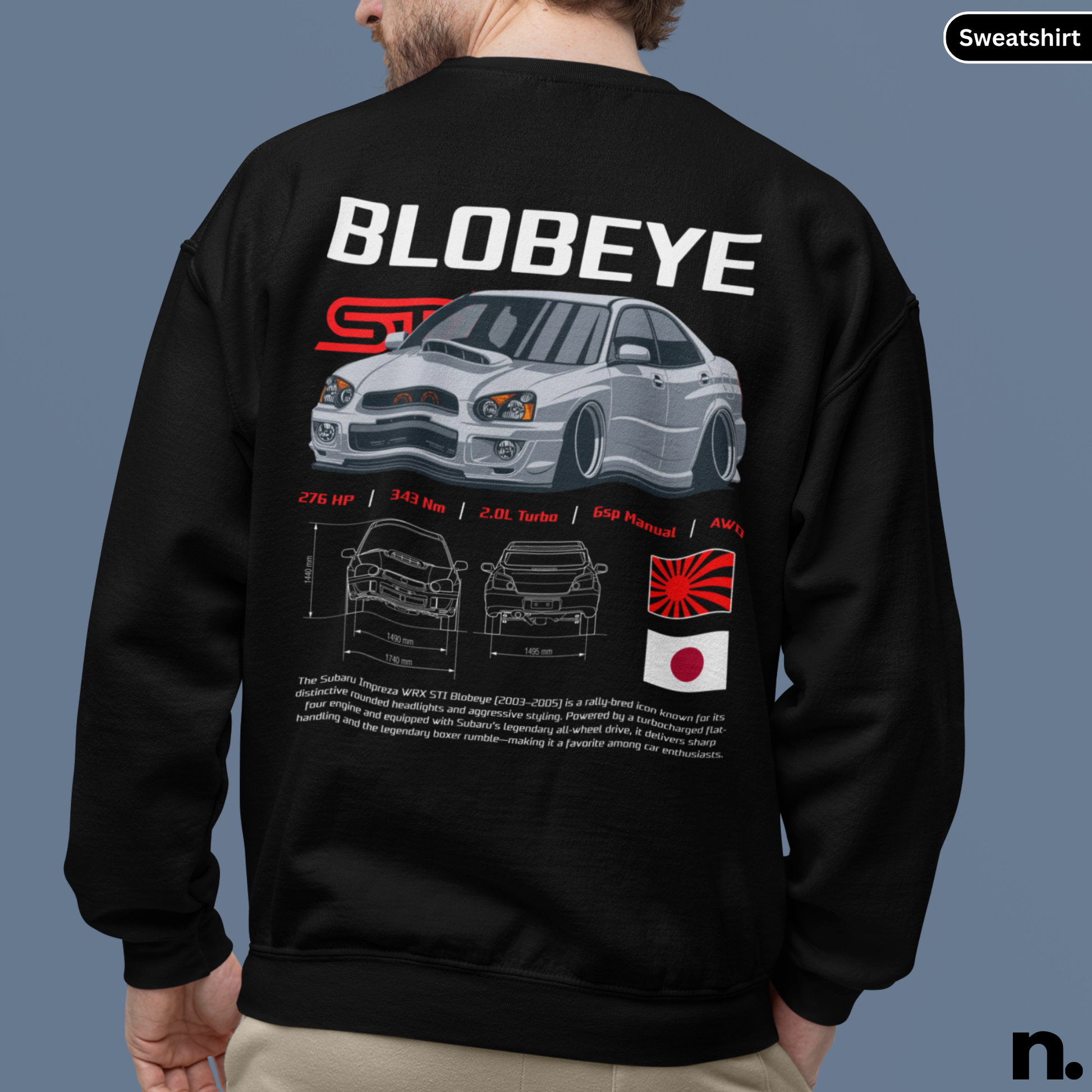 Black sweatshirt with 'Blobeye' design on the back, featuring a car illustration and text.