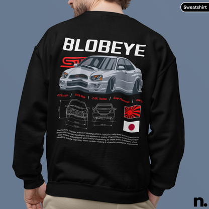 Black sweatshirt with 'Blobeye' design on the back, featuring a car illustration and text.
