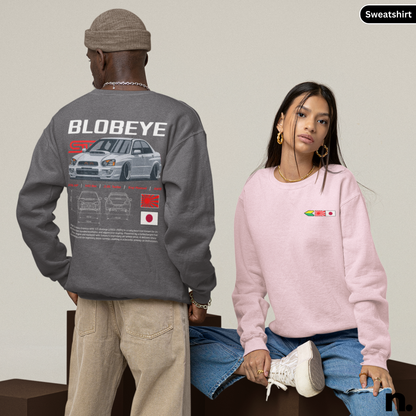 Person wearing a gray sweatshirt with 'BLOBEYE' design and another person in a pink sweatshirt sitting next to them.