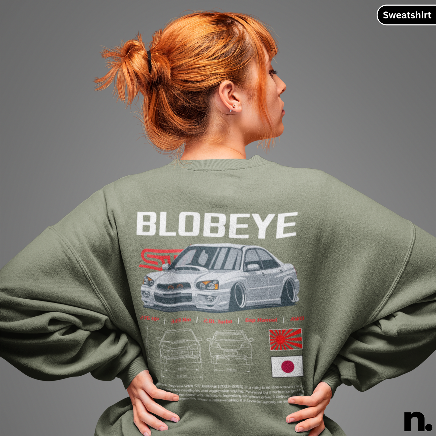 Person wearing a green sweatshirt with 'BLOBEYE' design on the back, against a gray background.