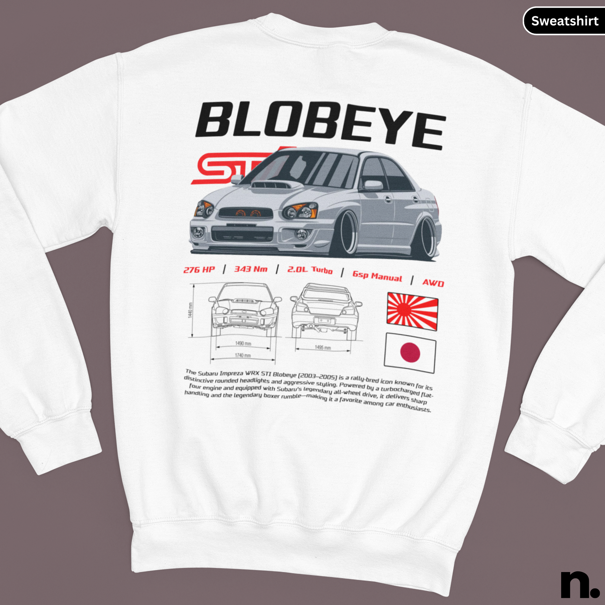White sweatshirt with car design and 'Blobeye' branding on a gray background