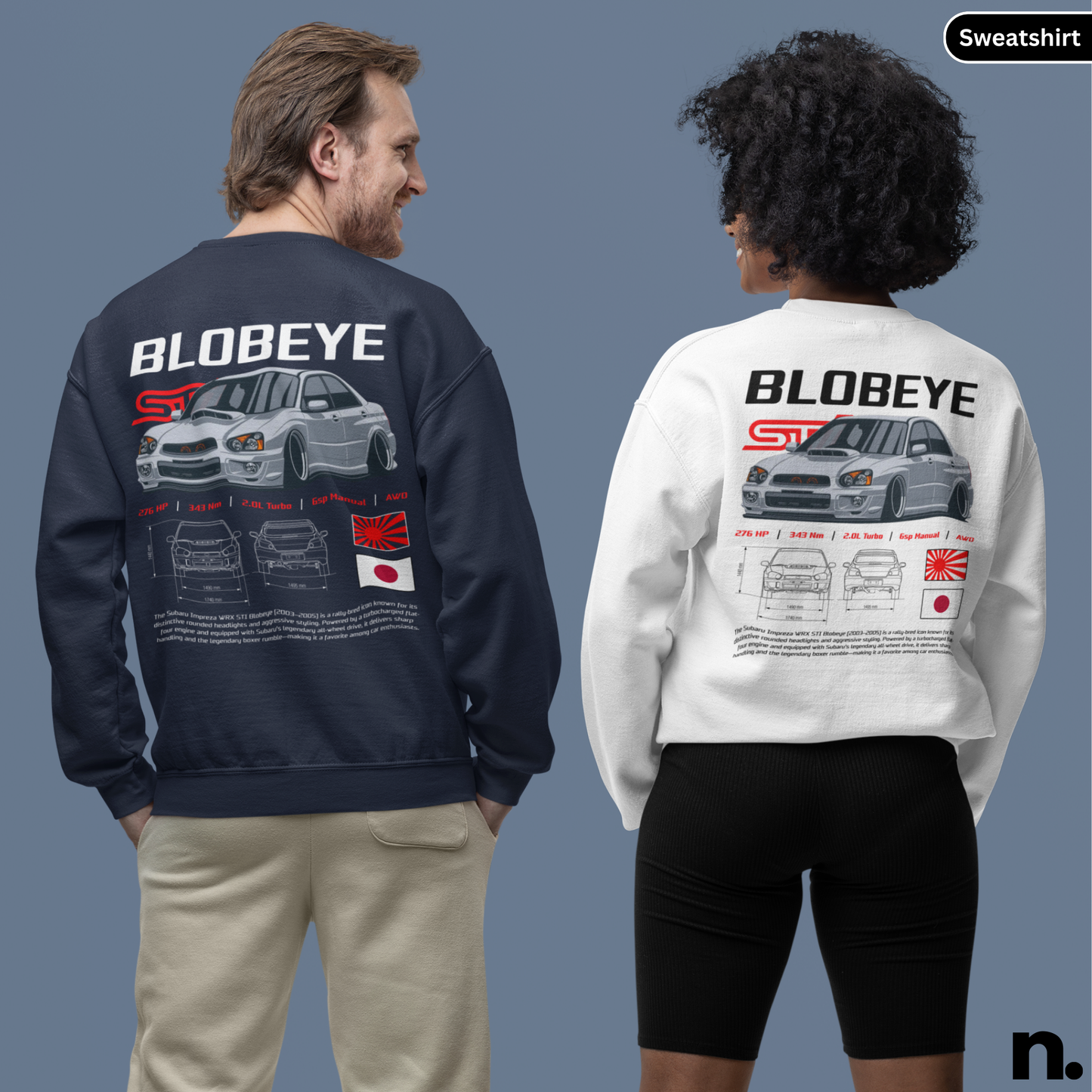 Two people wearing sweatshirts with 'Blobeye' design on a gray background