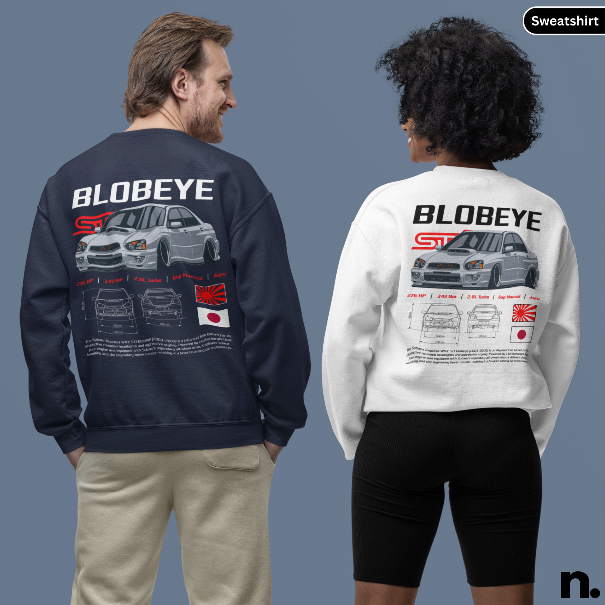 Two people wearing sweatshirts with 'Blobeye' design on a gray background