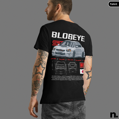 Person wearing a black t-shirt with 'BLOBEYE' design on the back, featuring car graphics.