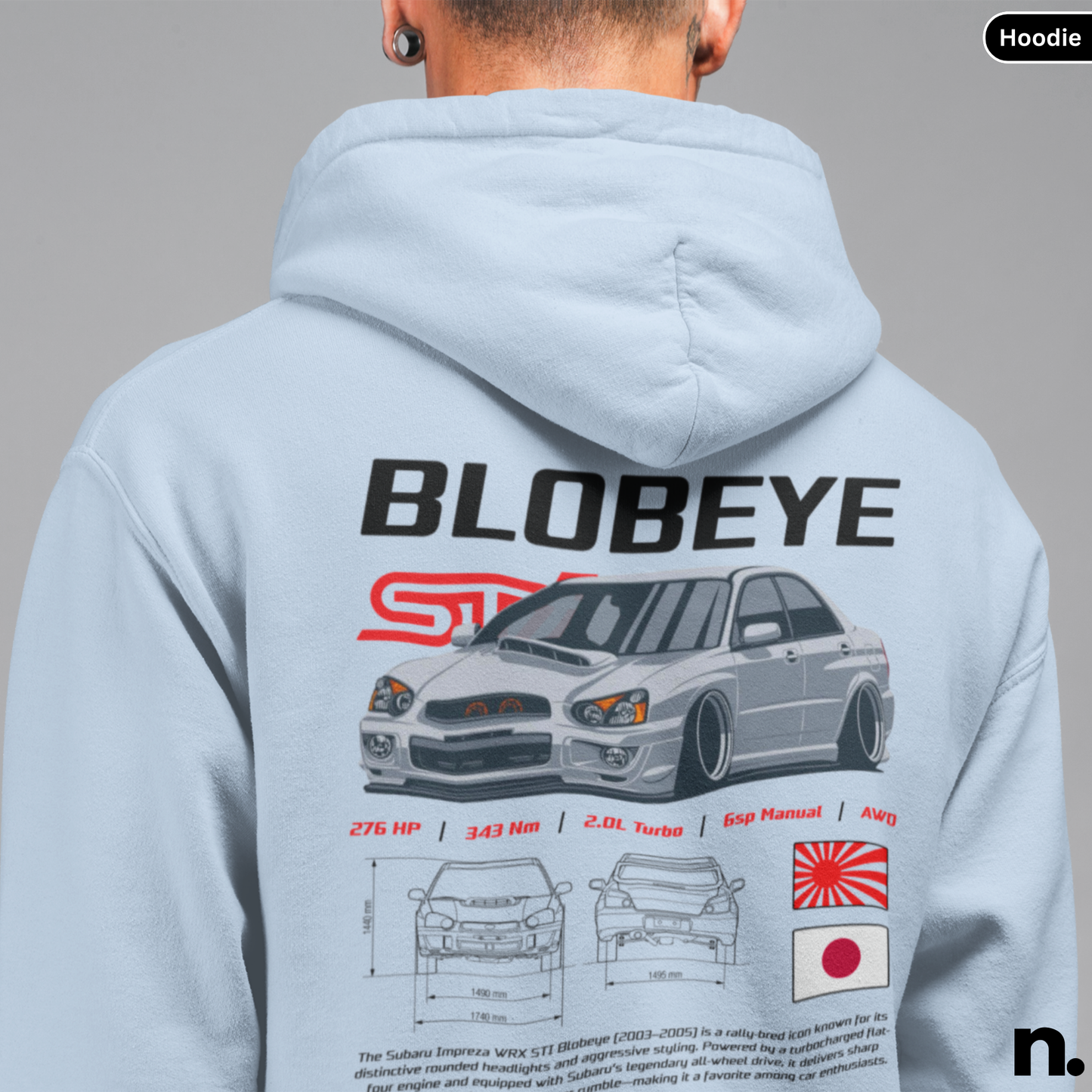 Light blue hoodie with 'Blobeye' design on the back, featuring a car illustration and text.