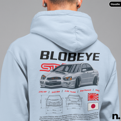 Light blue hoodie with 'Blobeye' design on the back, featuring a car illustration and text.