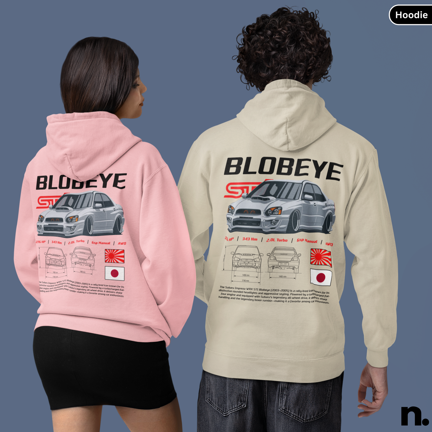 Two people wearing hoodies with 'BLOBEYE' branding and car design on the back against a blue background.