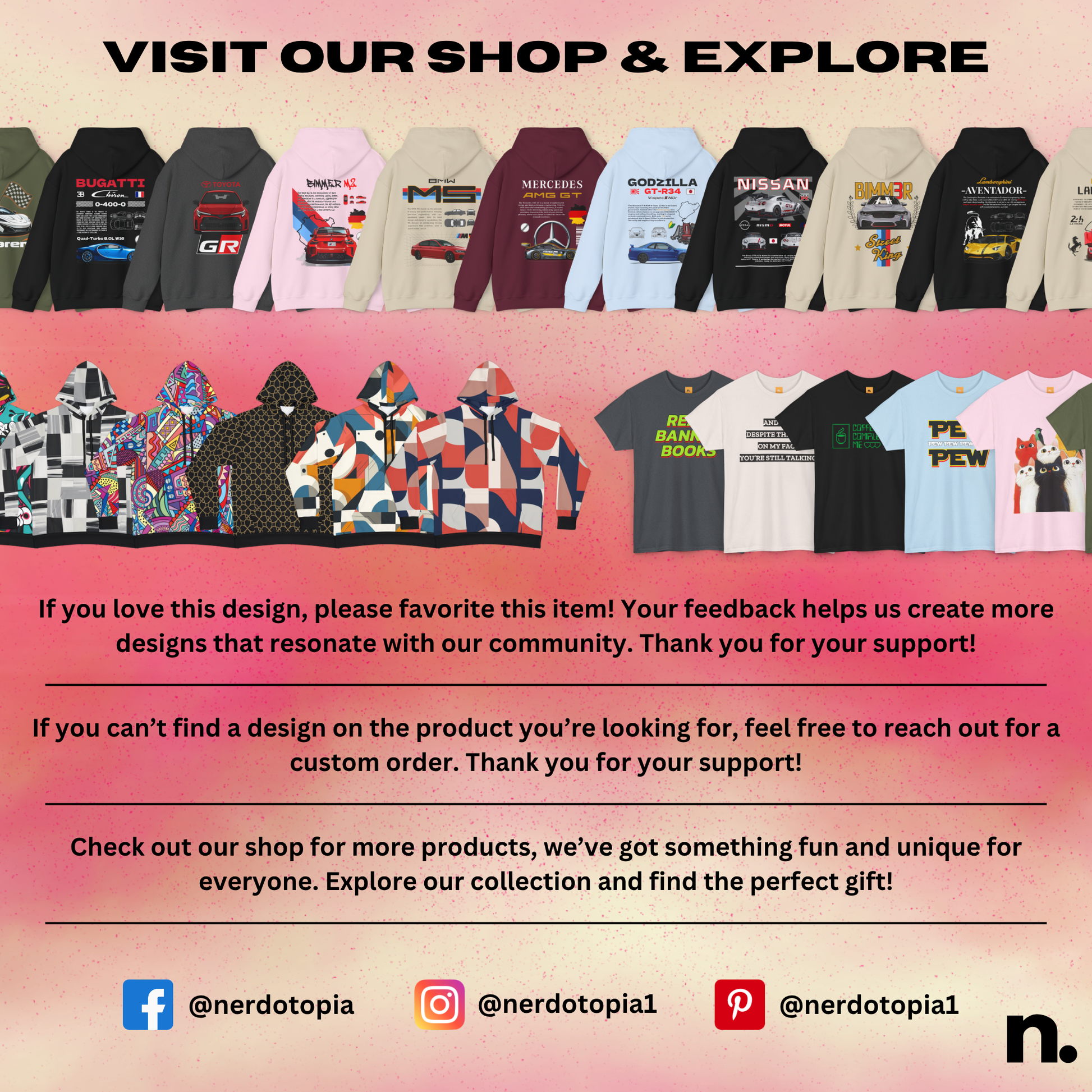 Collection of t-shirts with various designs on a pink background, featuring text inviting viewers to visit the shop and explore.
