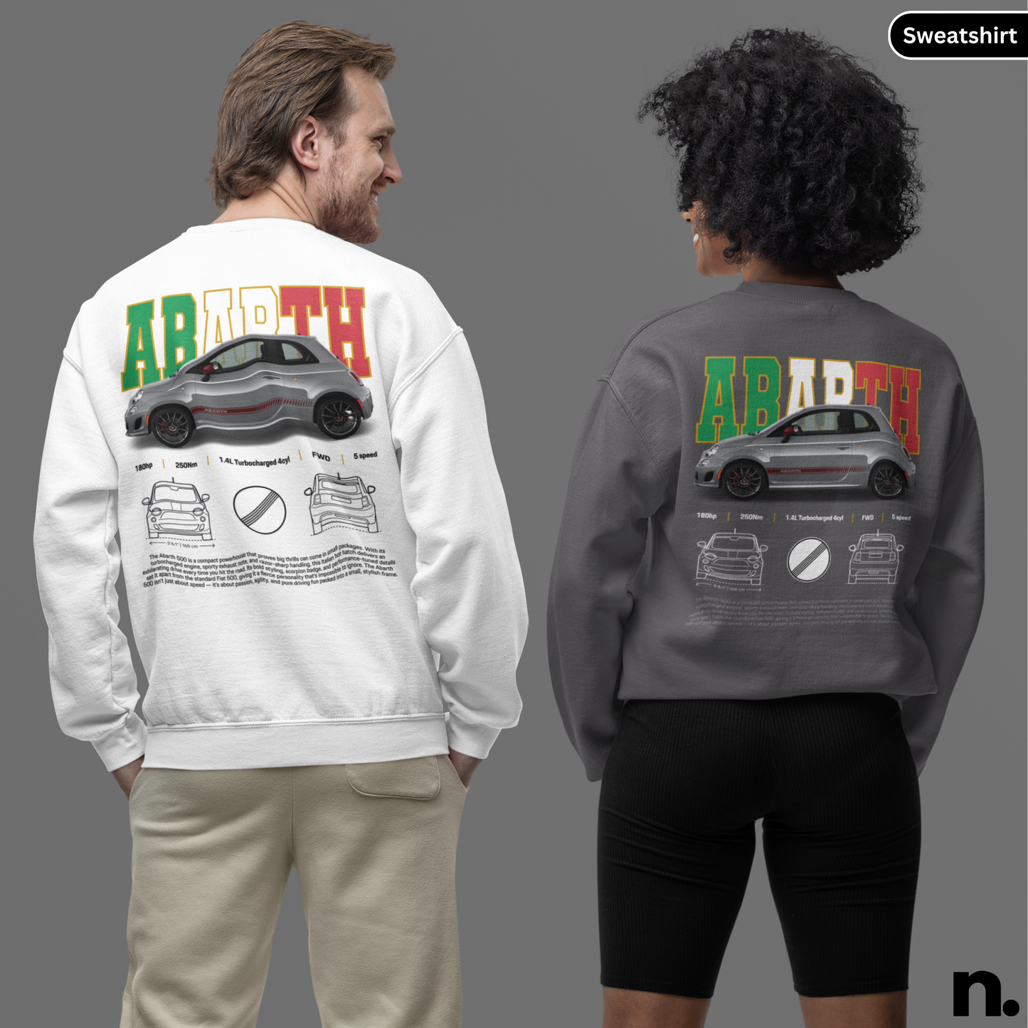 Two people wearing sweatshirts with Abarth logo and car design on the back, on a gray background.white and grey