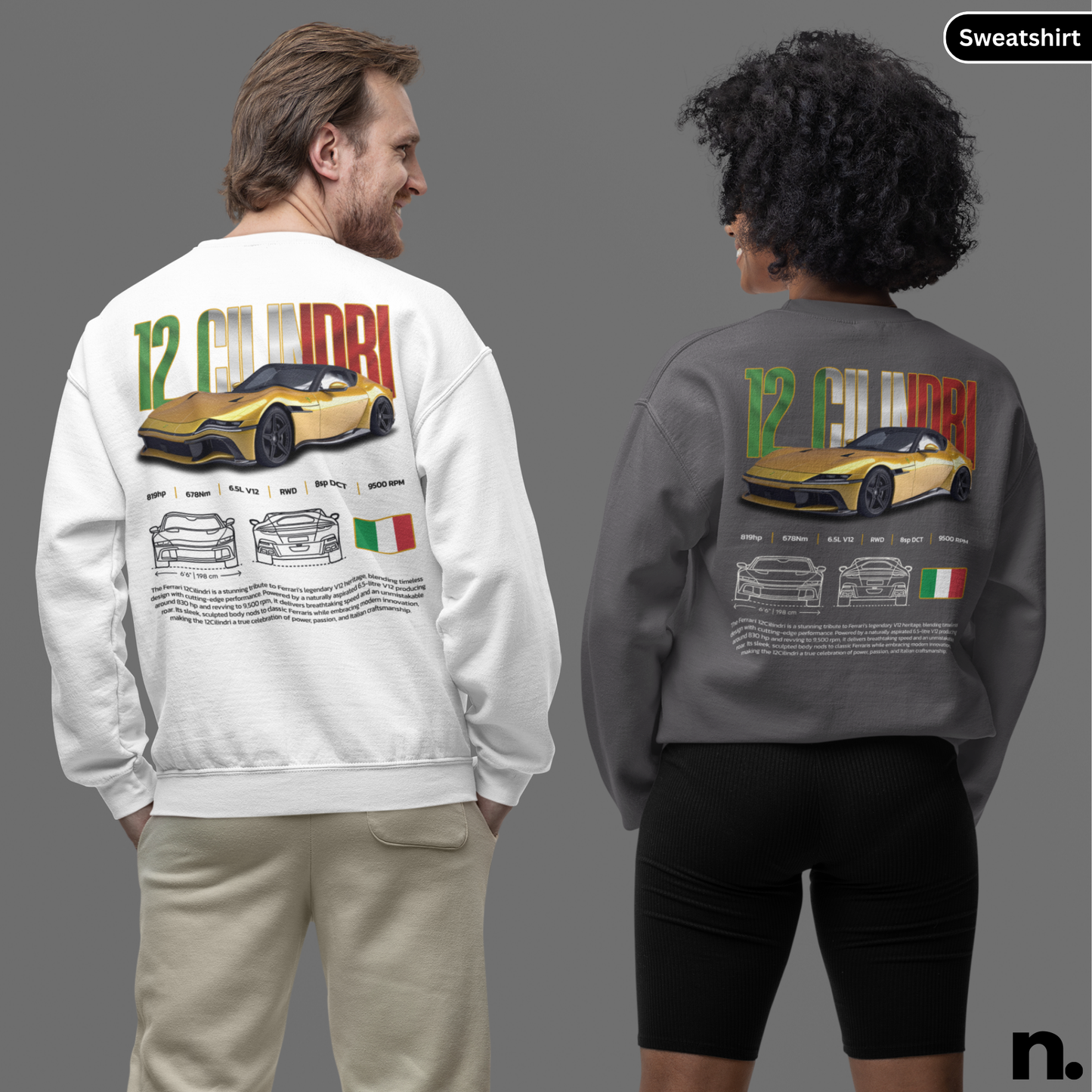 Automotive 12 cilindri poster style design sweatshirt front view
white and charcol grey colour