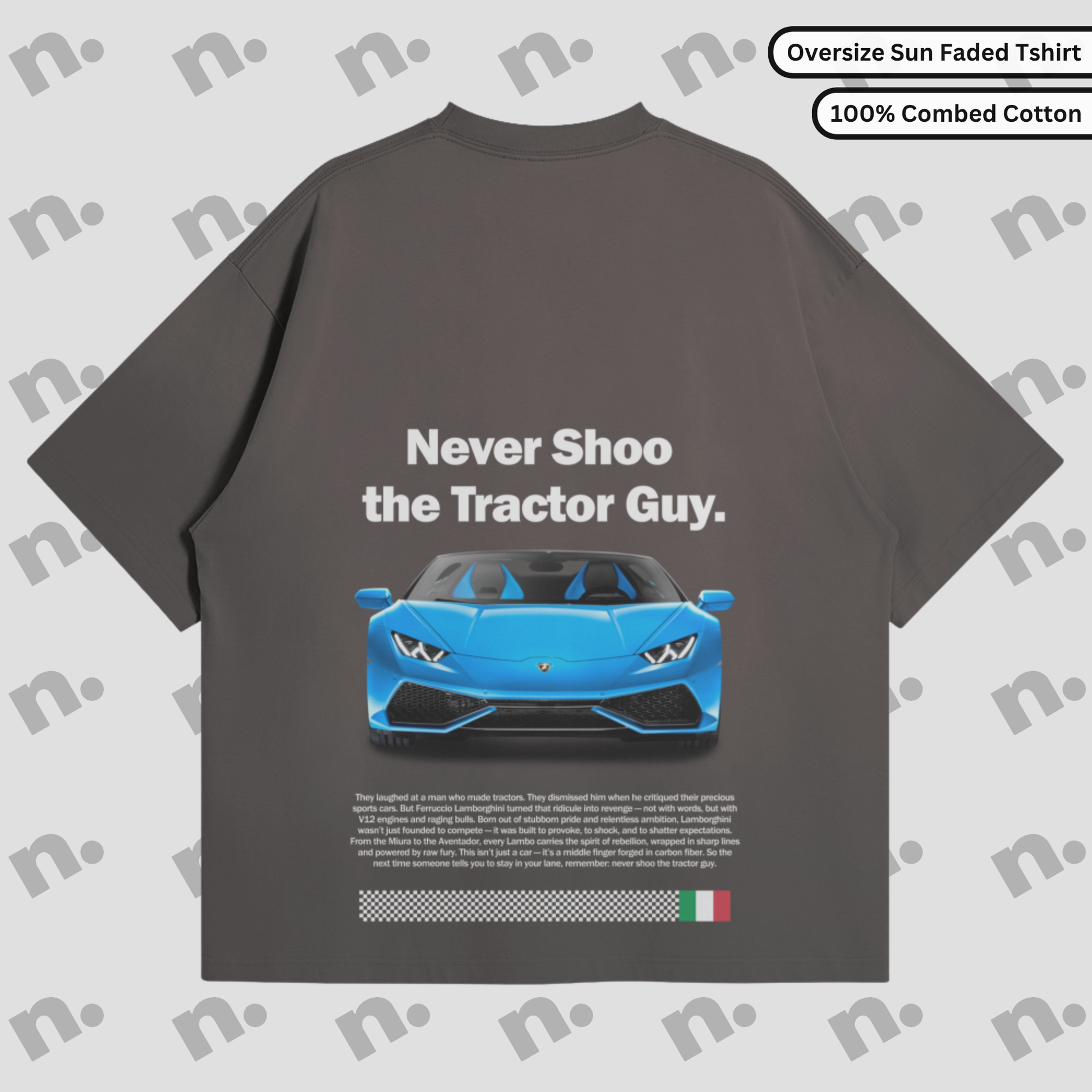 Vintage sun-faded tee featuring the “Never Shoo The Tractor Guy” design — a nod to Lamborghini’s rebellious origin story