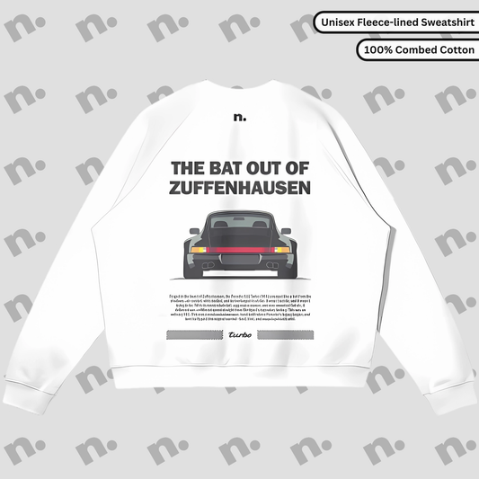 Flat lay of Zuffenhausen Bat 911 earth-tone heavyweight sweatshirt, featuring ribbed crew neck, raglan sleeves, and fleece-lined interior.