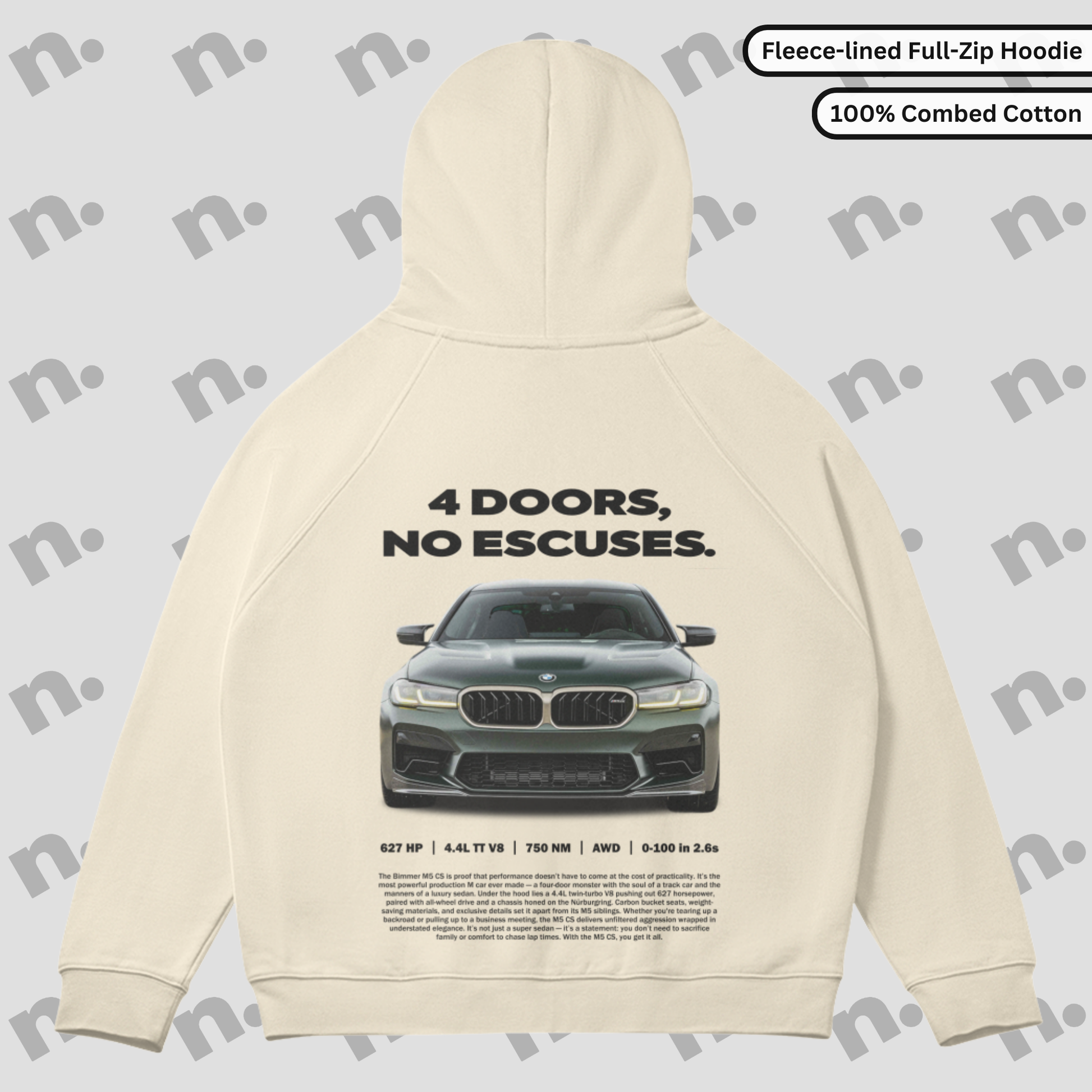Full-zip fleece hoodie with “4 Doors, No Excuses.” print — inspired by the power and attitude of the BMW M5 CS, made for high-performance lifestyle lovers.