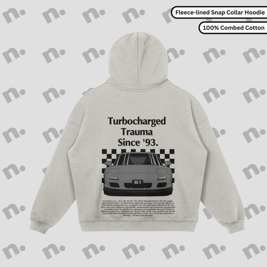 Turbocharged Trauma Since ’93 RX-7 snap collar fleece hoodie – stylish and functional hoodie for JDM lovers, with premium warmth and standout design.

