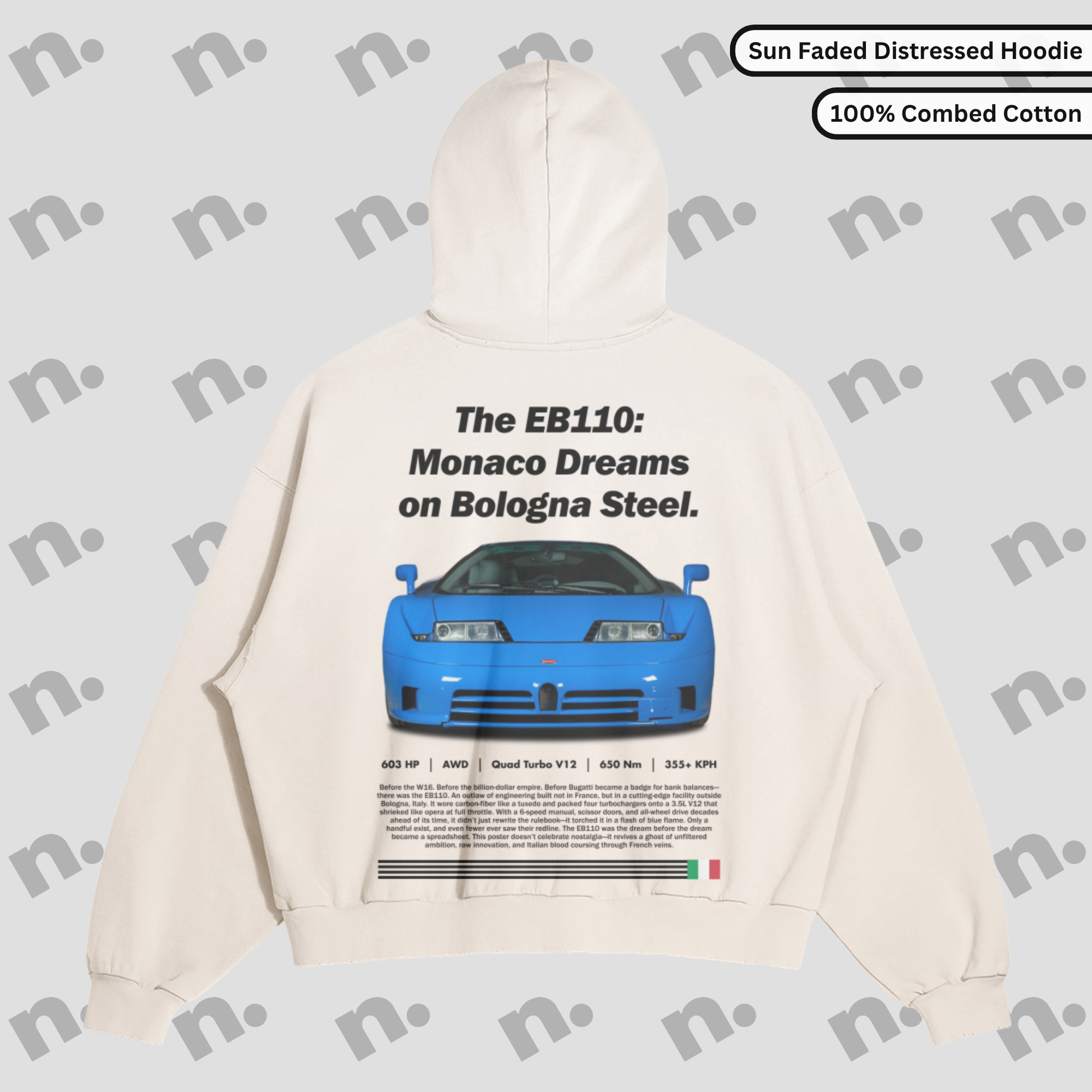 Heavyweight washed hoodie with distressed details and tonal gradient inspired by European street culture.