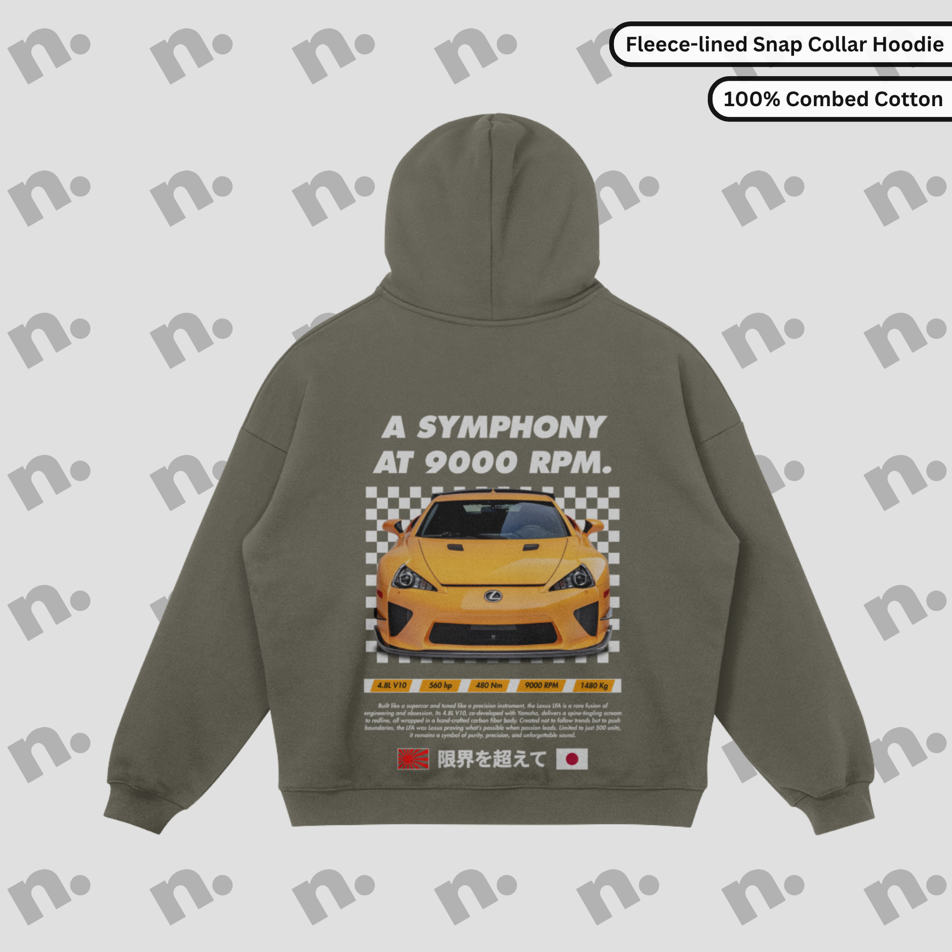 Fleece-lined snap collar hoodie featuring the iconic “Symphony at 9000 RPM” LFA theme — a cozy nod to V10 greatness