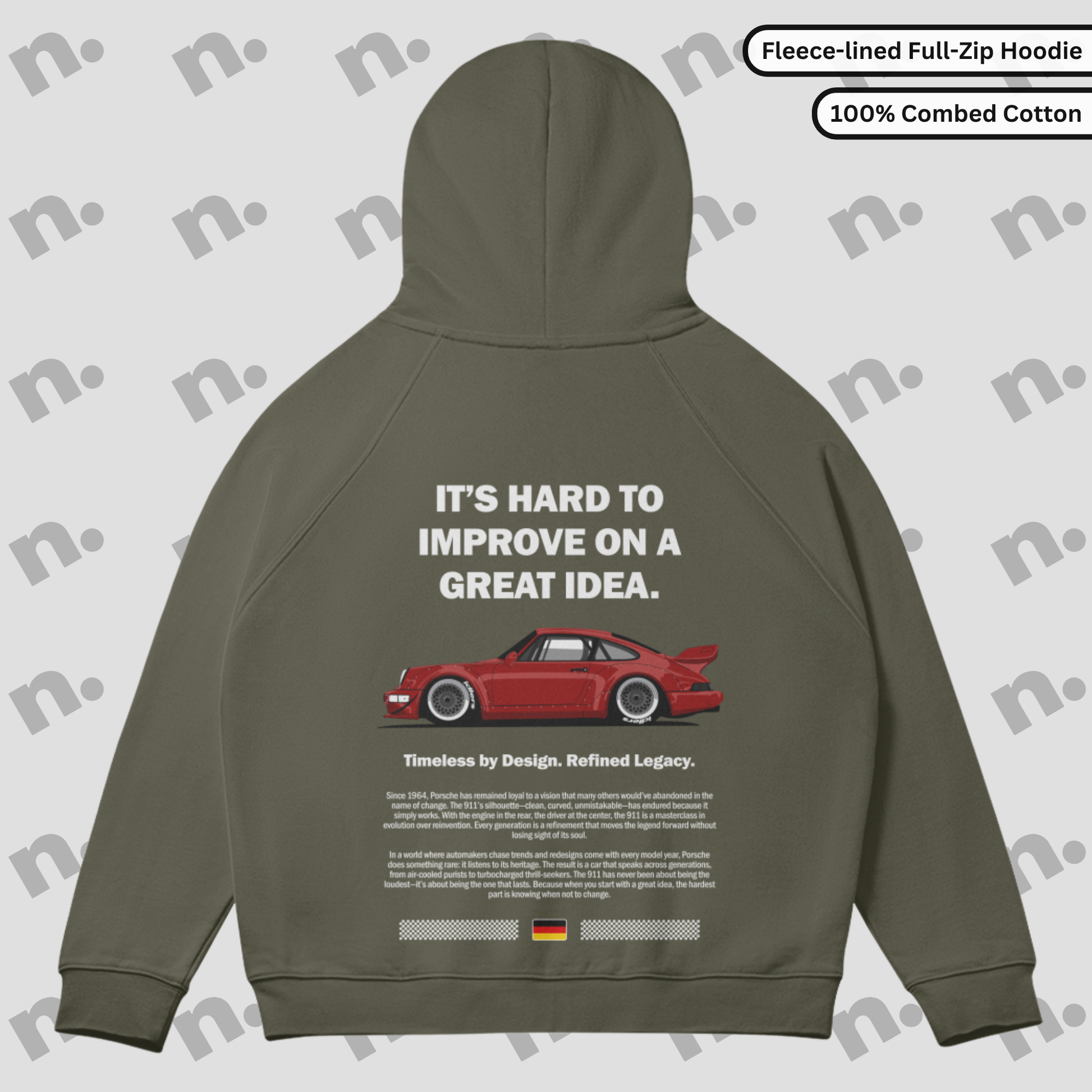 Full-zip fleece hoodie inspired by the Porsche 911 legacy, combining comfort and performance heritage in a sleek automotive-inspired design.

