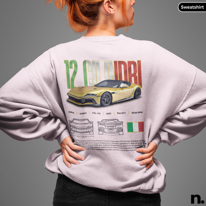 Person wearing a sweatshirt with a car design and text on the back, on a gray background.