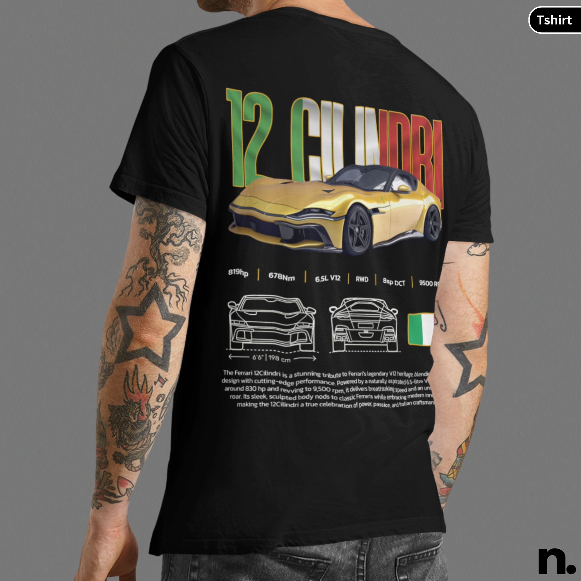 Black t-shirt with a yellow Ferrari 12 Cumbra design on the back, worn by a person with tattoos.