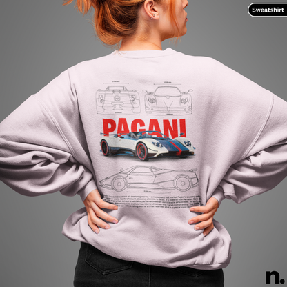 Person wearing a sweatshirt with Pagani car design on the back. Zonda C12 poster style sweatshirt featuring a detailed supercar graphic, premium print, and modern automotive streetwear look.
