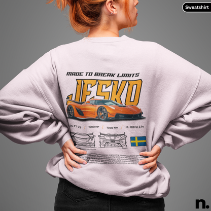 Person wearing a sweatshirt with a graphic design on the back, featuring a car and text.