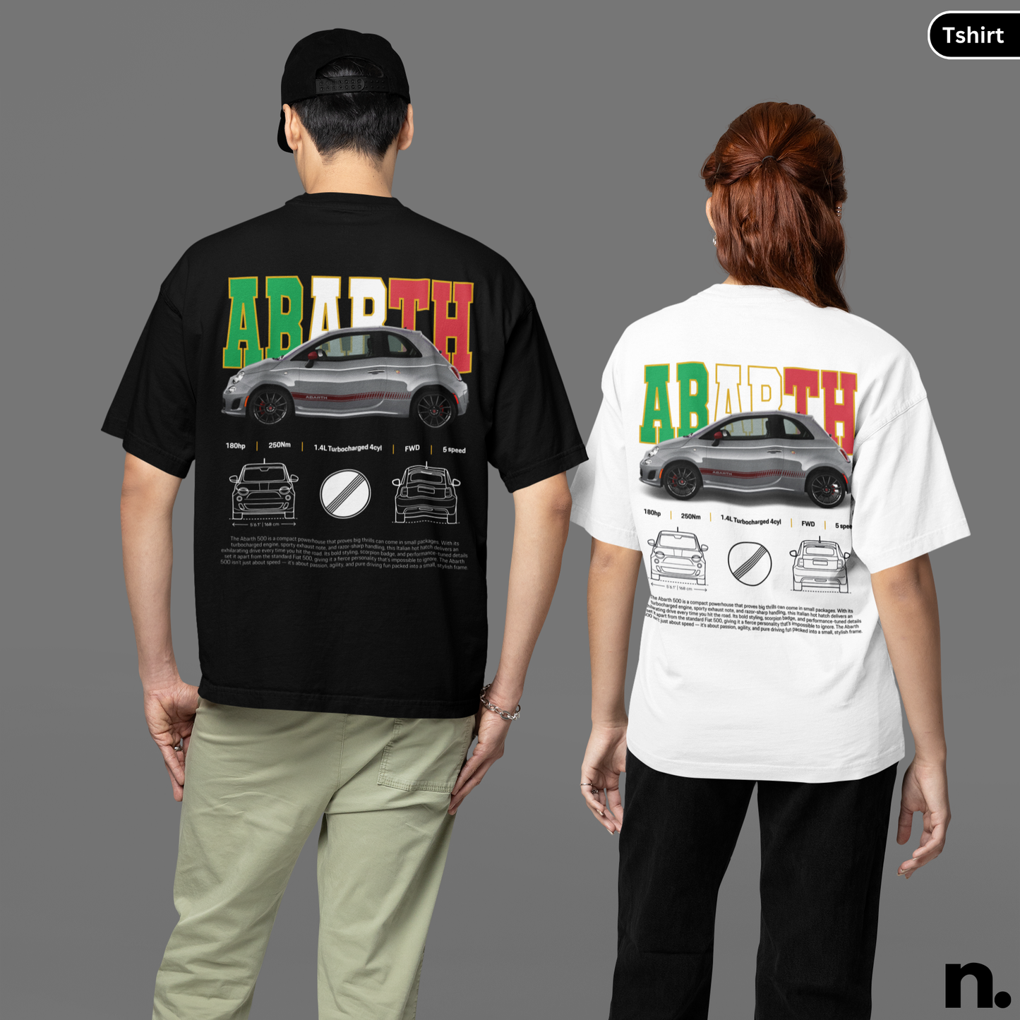 Two people wearing black and white t-shirts with a car design and 'Abarth' branding.  Abarth 500 Poster Style T-shirt black. and white