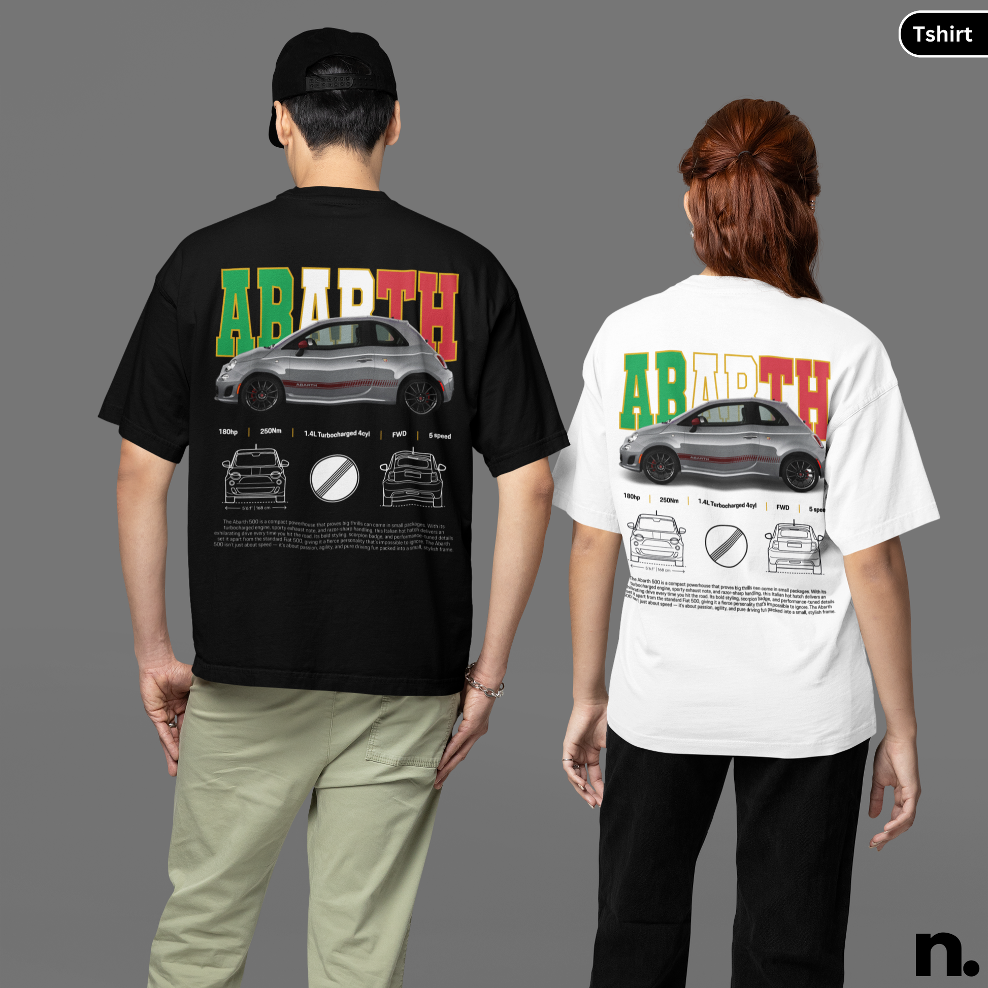 Two people wearing black and white t-shirts with a car design and 'Abarth' branding.  Abarth 500 Poster Style T-shirt black. and white