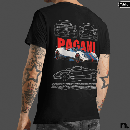 Black t-shirt with Pagani car design on the back, worn by a person with tattoos. Zonda C12 poster style T-shirt featuring a detailed supercar graphic, clean automotive artwork, and modern streetwear design.
