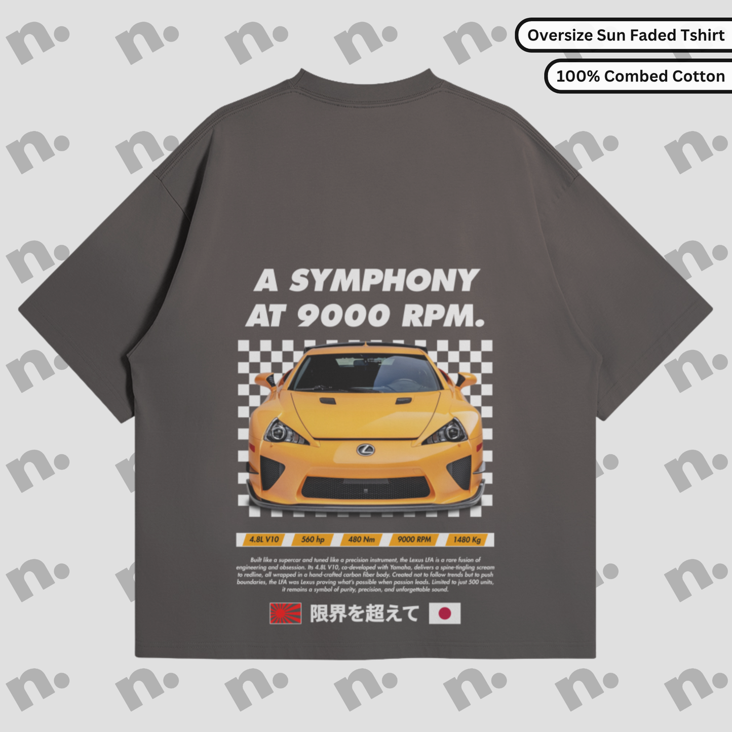 Premium sun-faded tee with “Symphony at 9000 RPM” design, inspired by the Lexus LFA’s iconic V10 soundtrack