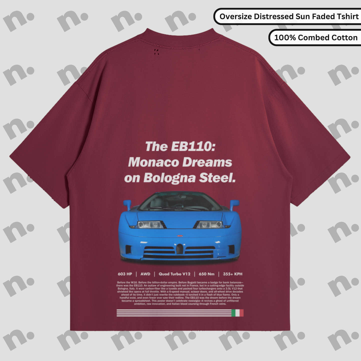 Oversized vintage-wash tee with tonal gradient and distressed details inspired by Italian supercar legacy.