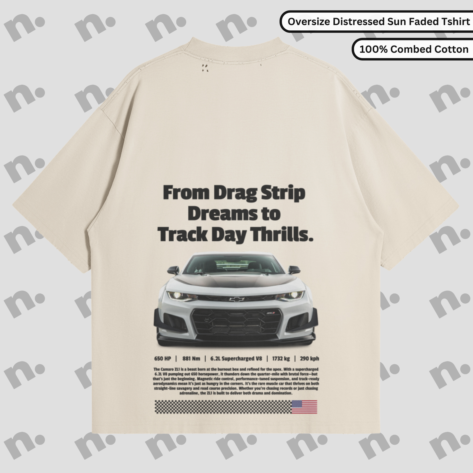 Flat lay of vintage-style oversized graphic tee with washed gradient and distressed details, inspired by classic muscle car energy.