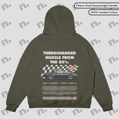 Grayscale faded heavyweight pullover with raglan sleeves and kangaroo pocket.