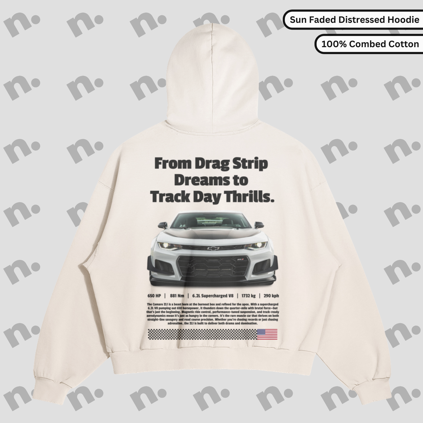 Flat lay of heavyweight hoodie with washed gradient and distressed edges, inspired by vintage speed and garage-worn aesthetics.