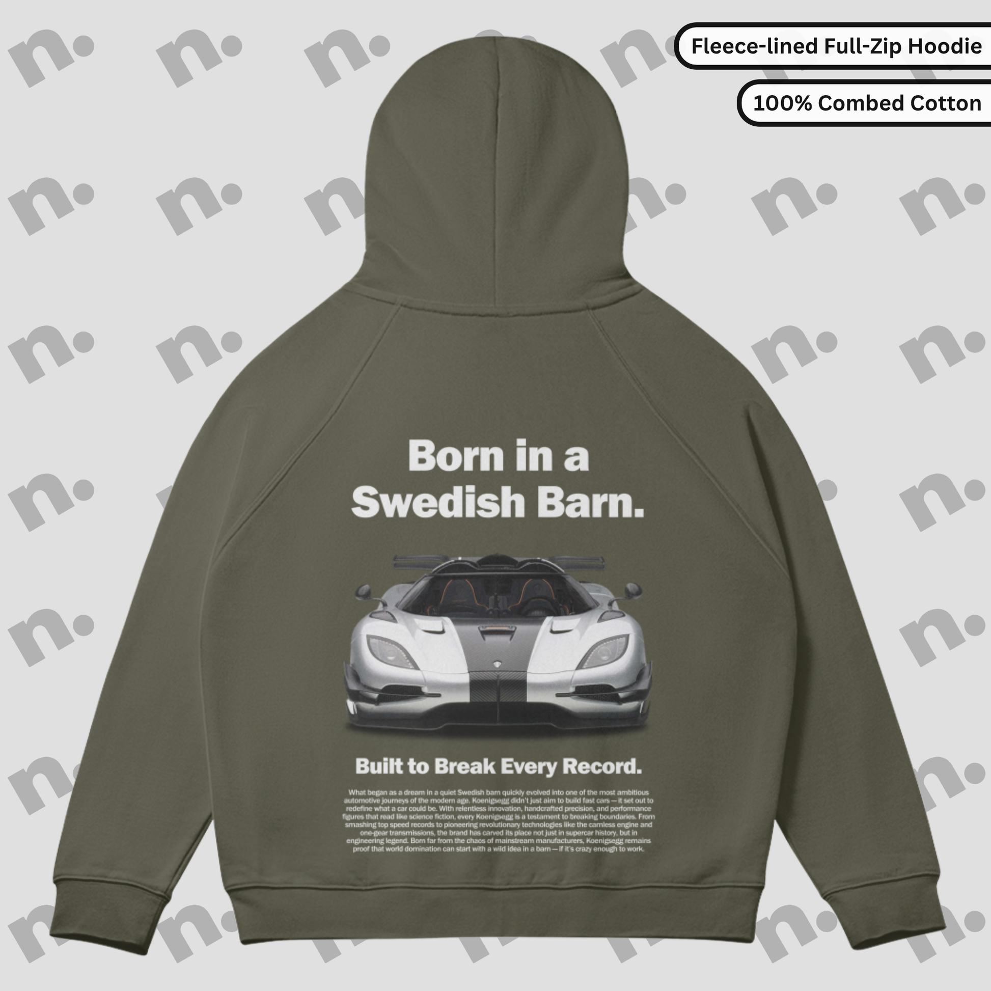 Fleece-lined full-zip hoodie with Koenigsegg One poster design — performance-inspired style with everyday comfort